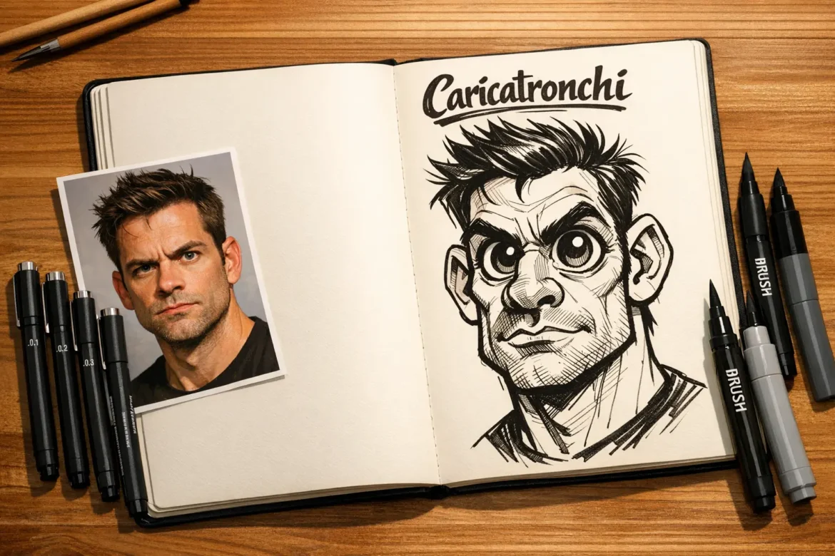 Caricatronchi art style guide showing exaggerated portrait techniques for US artists with Italian caricature roots