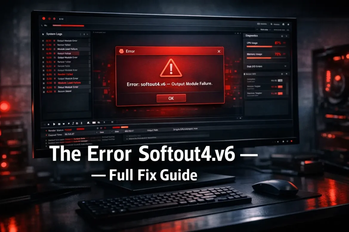 The error softout4.v6 displayed on a computer screen with troubleshooting steps and software diagnostic tools visible