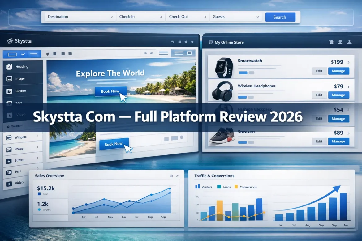 Skystta com all-in-one digital platform showing website builder, e-commerce, and travel booking tools in one dashboard