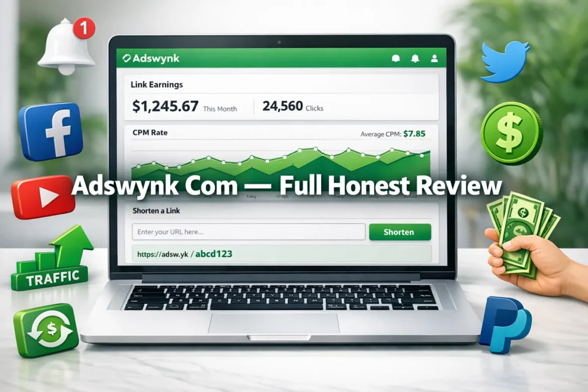 Adswynk com link shortener and monetization platform dashboard showing earnings, CPM rates, and payout interface
