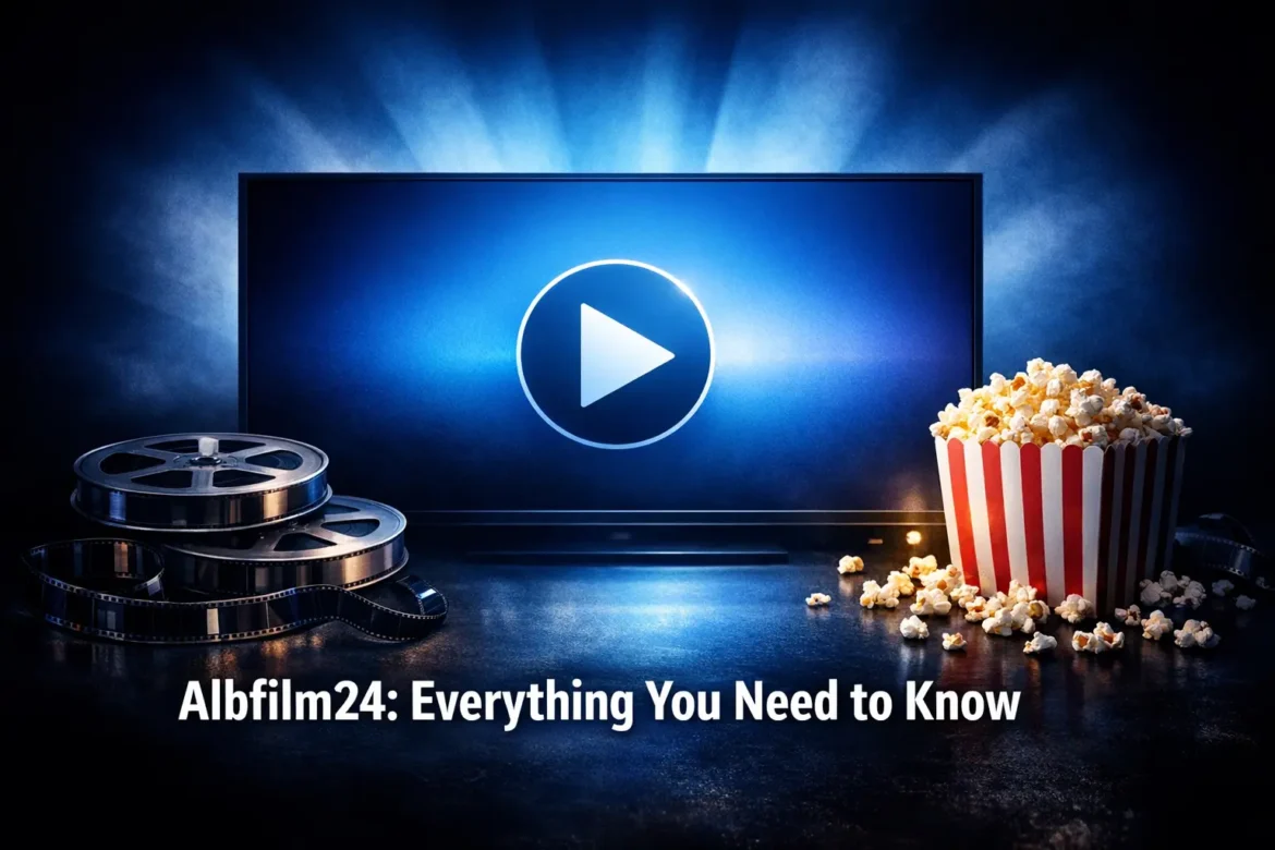 Albfilm24 online streaming platform guide showing a glowing cinema screen with play button and film elements