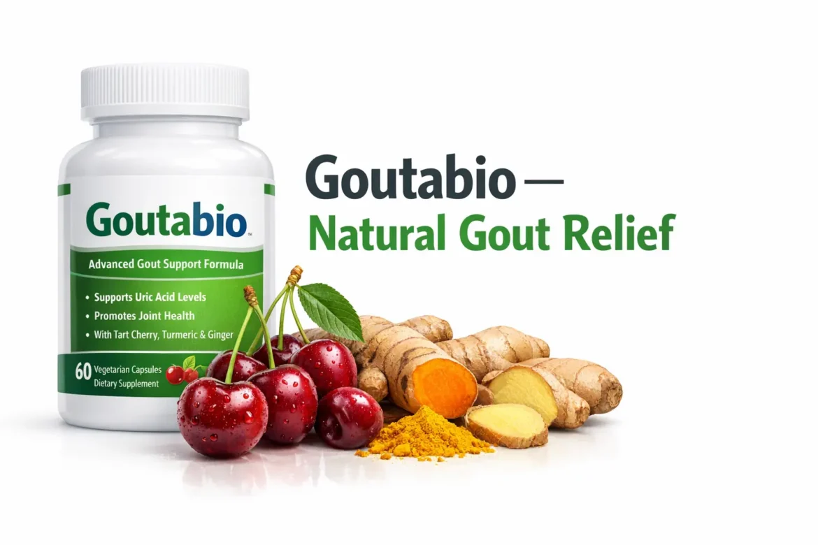 Goutabio natural supplement bottle with cherry extract and turmeric for gout pain and joint inflammation relief