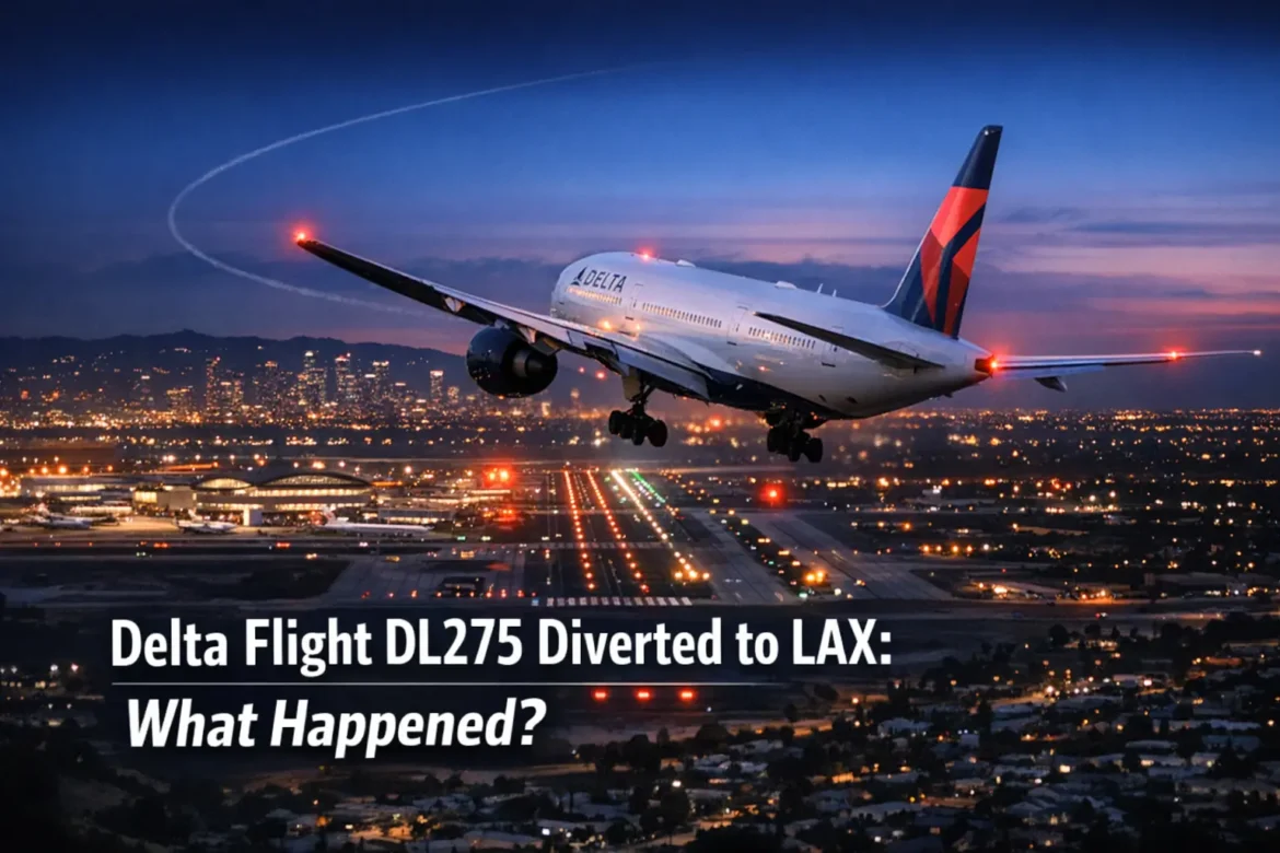 delta flight dl275 diverted lax airplane changing route toward Los Angeles airport at night with runway lights visible