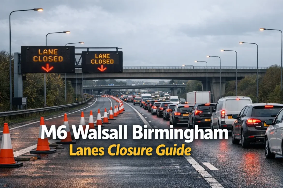 M6 Walsall Birmingham lanes closure — overhead view of motorway with lane closure signs and slow-moving traffic