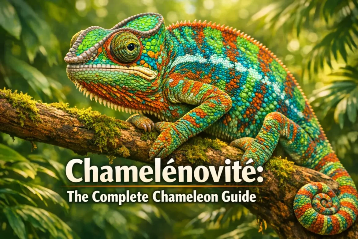 Chameleónovité — vibrant chameleon displaying colour-changing ability while perched on a forest branch
