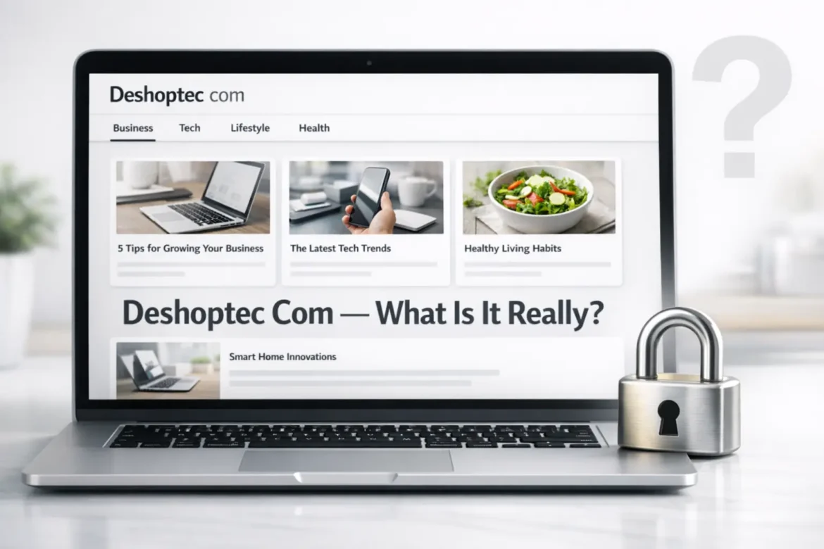 Deshoptec com review — minimalist blog platform homepage showing clean layout with multiple topic categories