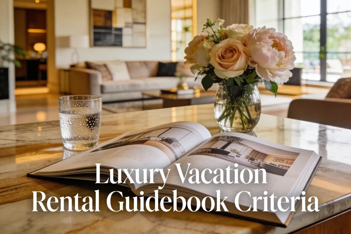 Luxury vacation rental guidebook criteria shown through an open elegant guidebook on a styled table in a premium rental property