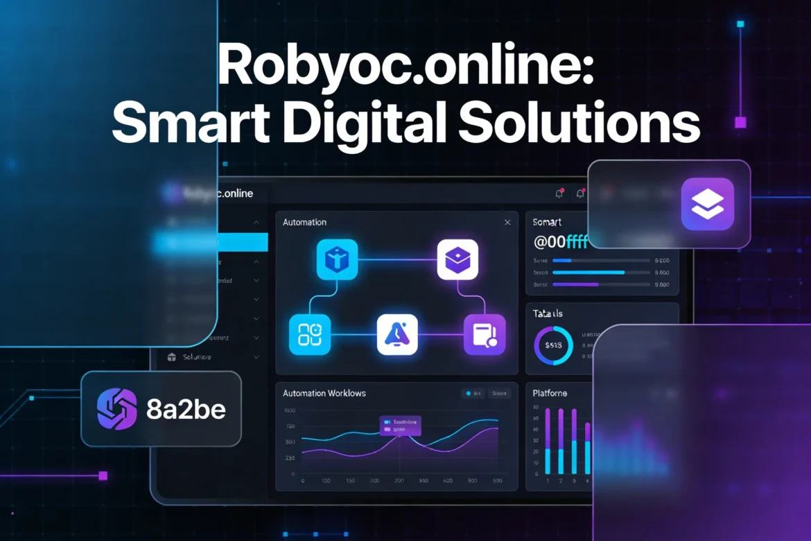Robyoc.online digital solutions platform showing automation workflows, connected apps, and modern dashboard UI interface