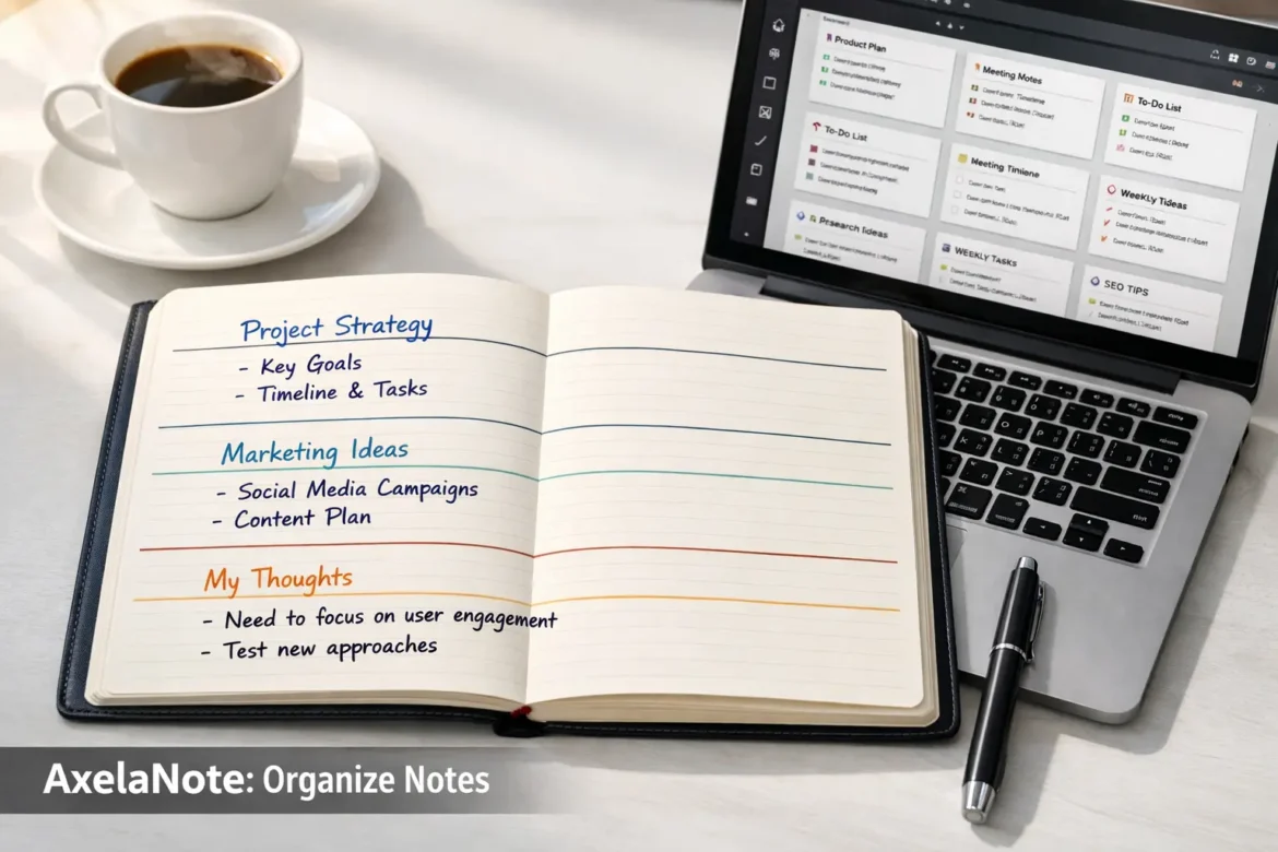 AxelaNote structured note-taking system showing organized notebook with three-layer concept hierarchy on a modern study desk