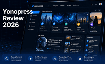 Yonopress review showing multi-niche news hub homepage covering business, tech, health, and finance content for US readers