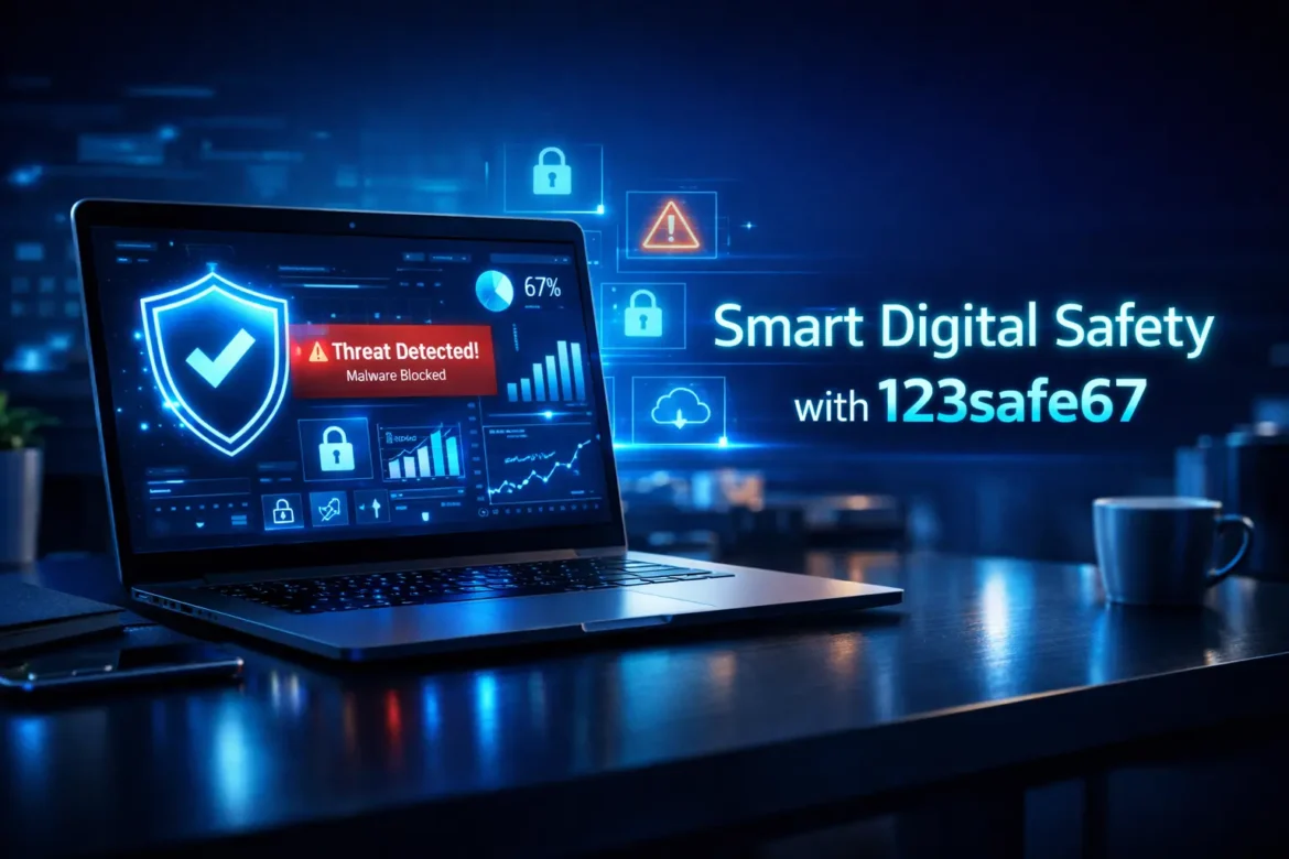 123safe67 digital protection system showing secure browsing, threat alerts, and data safety visualization in modern interface
