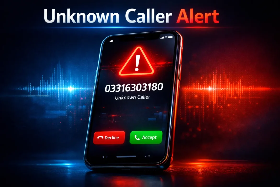 03316303180 unknown caller alert displayed on smartphone screen with warning icon and call interface visible clearly